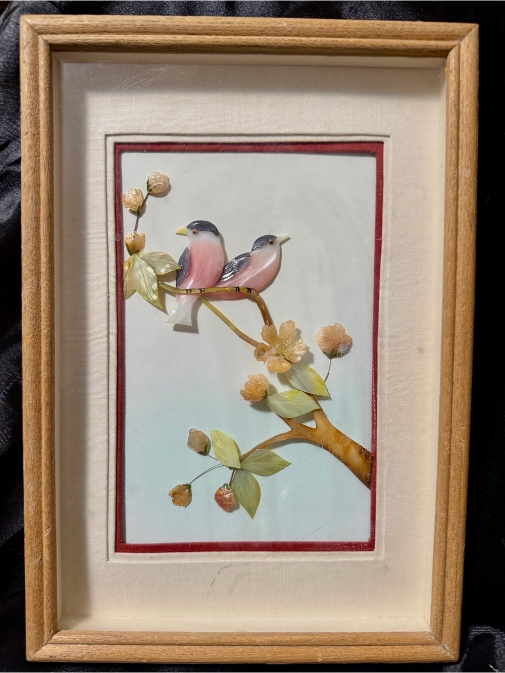 Framed Bird picture made from carved Jade 12”+6”